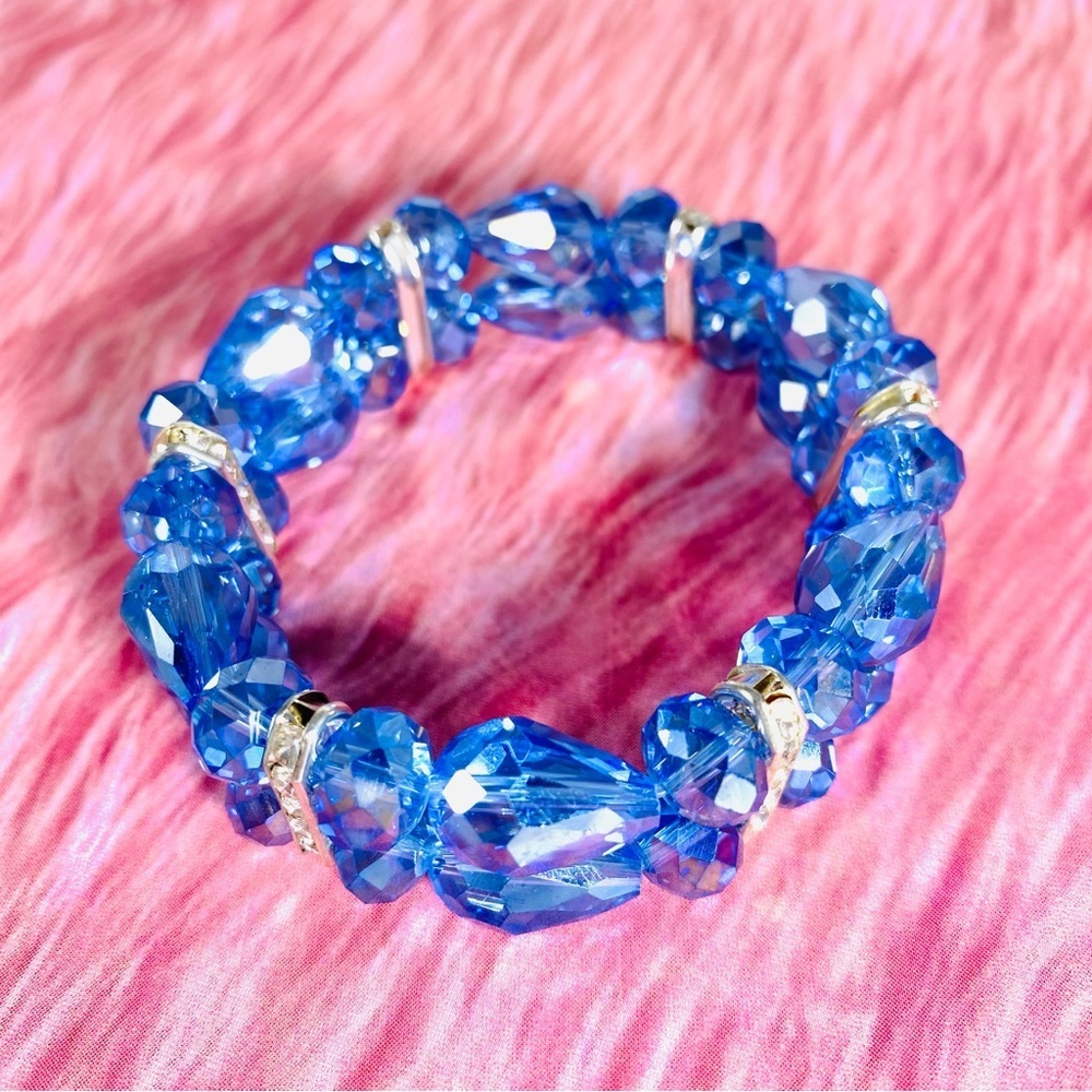 Bright blue Austrian crystal and CZ gorgeous 2 strand stretch bracelet